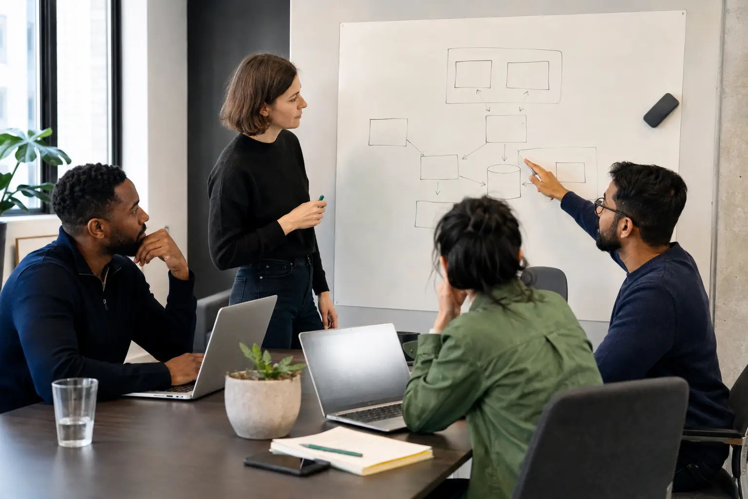 A software team discussing an early architecture decision around a whiteboard