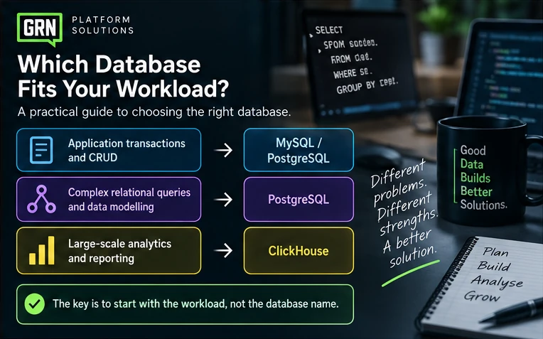 Decision guide matching application transactions, complex relational queries and large-scale analytics to MySQL, PostgreSQL and ClickHouse.