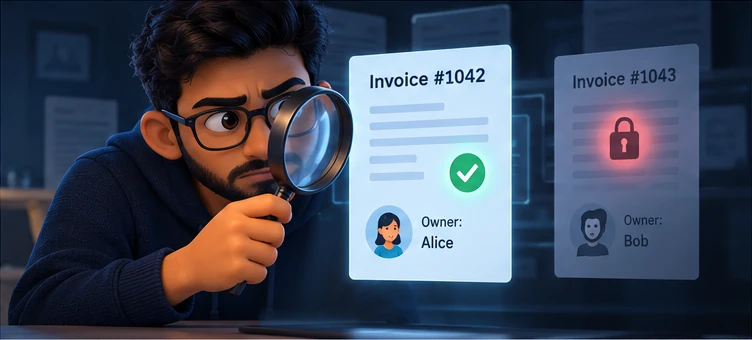 Cartoon developer inspects Alice’s invoice 1042 while Bob’s invoice 1043 remains locked.