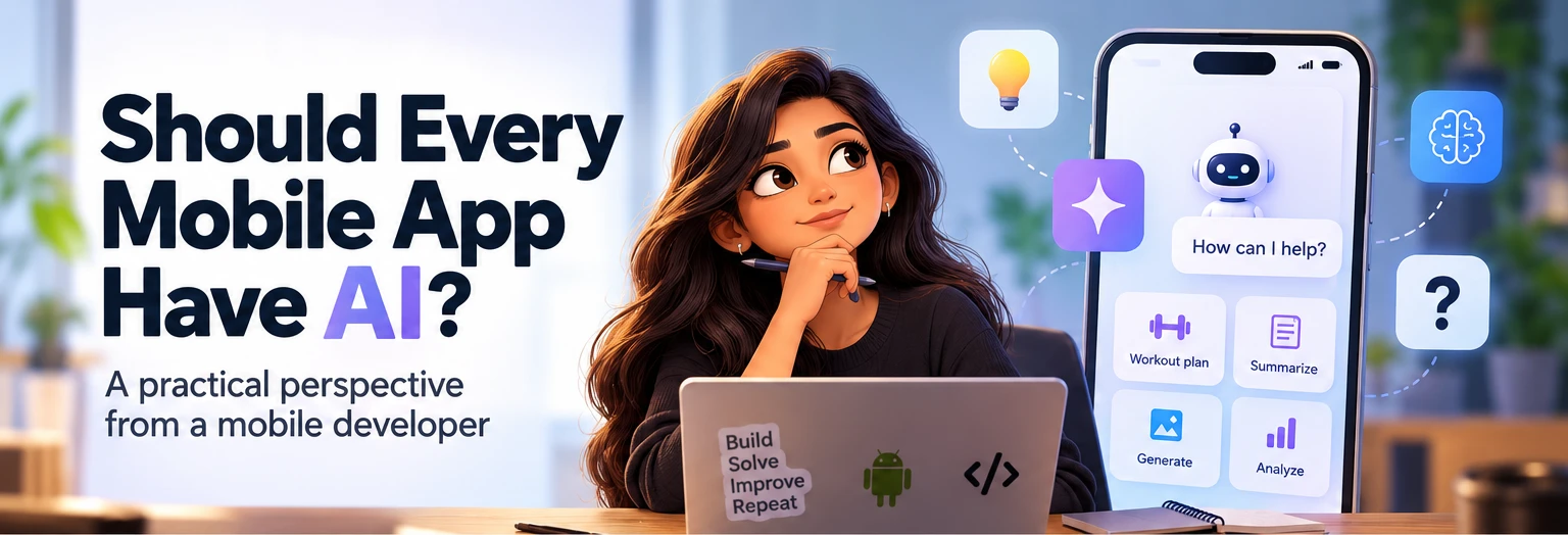 Cartoon mobile developer at a laptop beside a phone with an AI assistant, under the title Should Every Mobile App Have AI?